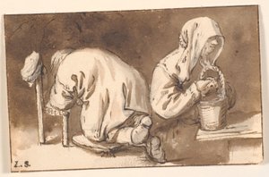 Ein kniender Mann und eine Frau mit einem Korb von Cornelis Pietersz Bega