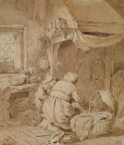 Bauernstube mit Bauer, Wiege und Kind, um 1654 von Cornelis Pietersz Bega