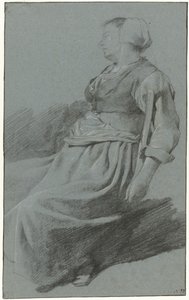 Sitzende Frau, nach links gewandt und mit einer Mütze, den Arm über die Rückenlehne eines Stuhls gelegt von Cornelis Pietersz. Bega