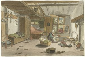 Interieur mit Frau bei Wiege