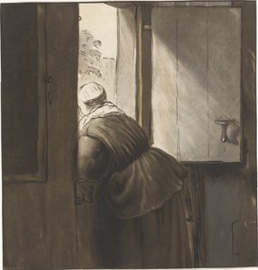 Frau, die sich über eine Halbtür lehnt von Cornelis Ploos van Amstel (signed by artist)