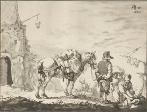 Mann mit Pferd bei Wäscherin von Cornelis Ploos van Amstel
