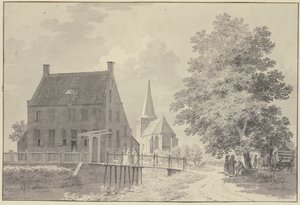 Haus mit Wassergraben und Steg, hinten die Kirche, rechts ein Baum, unter dem ein Wagen und mehrere Figuren stehen von Cornelis Pronk