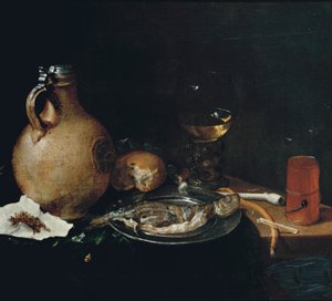 Ein irdenes Krug, Tabak in einem Stück Papier, ein Brötchen, eine weiße Tonpfeife, ein Römer, geschnittener Hering auf einem Zinnteller und ein Kometenglas auf einem teilweise drapierten Holztisch, 1664 von Cornelis Stangerus