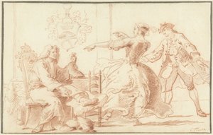 Der reiche Podagralijder, ausgelacht von einer jungen Frau von Cornelis Troost