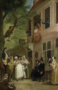 Irregeführt: Der Botschafter der Schurken zeigt sich aus dem Fenster der Bokki-Taverne im Haarlemmerhout, ca. 1739 von Cornelis Troost
