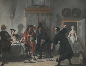 Die Mathematiker oder die junge Dame, die floh: Der Streit zwischen den Ärzten Raasbollius und Urinaal, 1741 von Cornelis Troost
