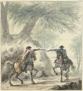 Zwei Reiter, die sich auf einem Waldweg treffen und aufeinander schießen von Cornelis Troost