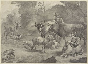 Landschaft mit einem Hirten und einer nähenden Hirtin