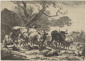Ruhender alter Hirte mit seiner Herde von Cornelis Visscher (II)