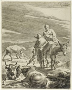 Eine Mutter und ein gewickeltes Kind reiten auf einem Esel, Platte 4 aus Vier Landschaften von Cornelis Visscher
