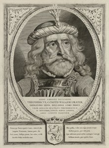 Dirk I., Graf von Holland, in einer Rüstung. Der Rahmen ist mit dem Wappen von Holland verziert. von Cornelis Visscher