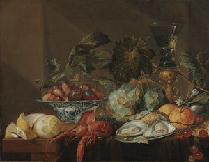 Stillleben mit Flusskrebs, Austern und Früchten
