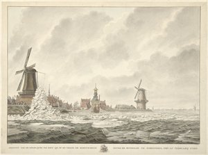 Ansicht des Eisaufbruchs an der Brustwehr hinter der Runmolen in Gorinchem, den 20. Februar 1799 von Cornelis de Jonker