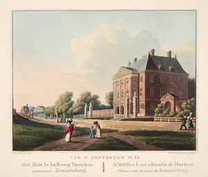 Ansicht von Amsterdam Nr. 40. Das Haus auf halbem Weg nach Haarlem namens Zwanenburg, 1825 (handkolorierter Stich) von Cornelis de Kruyff