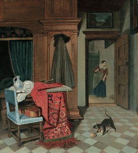 Innenraum mit Teppich, Schwert und Krug auf einem Tisch, Cello auf einem Stuhl, Mantel an einem Schrank, Katze spielt mit einem Ball, Magd im Hintergrund
