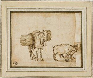 Zwei Skizzen: Maultier mit Körben, Paar von Jochochsen von Cornelis de Wael