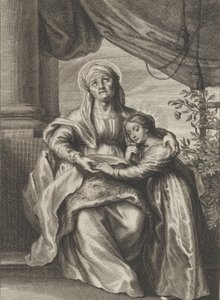 Die Erziehung der Jungfrau, mit der heiligen Anna, die auf einer Bank sitzt und nach oben schaut, ca. 1645-78 von Cornelis van Caukercken