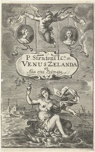 Venus auf Muschel mit brennendem Herz und Pfeil treibt vor der Küste von Zeeland, darüber zwei Medaillons mit Porträts von Cloës und Blondae und Kartusche mit Titel gehalten von Amor