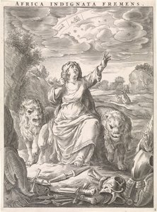 Weibliche Personifikation des Kontinents Afrika als Frau mit Löwenfell zwischen Löwen sitzend von Cornelis van Dalen (II)