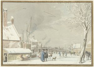 Gefrorener Stadtgraben mit Schlittschuhläufern von Cornelis van Noorde