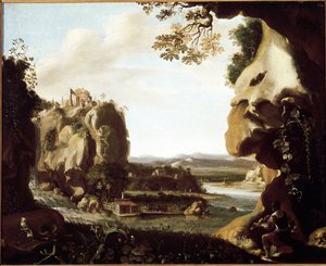 Orpheus spielt Geige am Eingang zur Hölle von Cornelis van Poelenburgh or Poelenburch