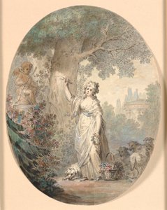 Hirtin, die ein Zeichen in einen Baum schneidet von Cornelius Høyer