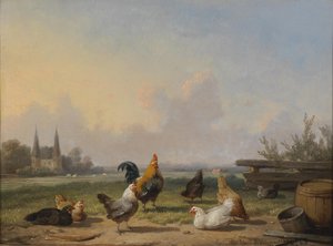 Hühner vor einer weiten Landschaft