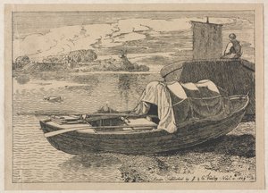 Boote auf einem Fluss, Windmühle in der Ferne