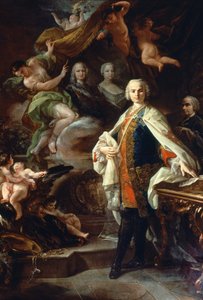 Der italienische Kastrat Carlo Farinelli (Carlo Broschi, genannt; 1705 - 1782) am Hof von Philipp II. von Spanien, im weißen Mantel des Ordens von Calatrava. Gemälde von Corrado Giaquinto (1703-1766), Civico Museo Bibliografico Musicale, Bologna von Corrado Giaquinto