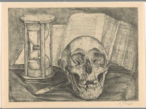 Stillleben mit einem Schädel, einer Sanduhr, einem Buch und einem Messer von Corrie Pabst (signed by artist)