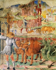 Landwirtschaftliches Bild, Detail aus Triumph der Ceres, Szene aus dem Monat August, ca. 1470, zugeschrieben Cosimo Tura und Meister von Ercole, Fresko, Nordwand, Halle der Monate, Palazzo Schifanoia, Ferrara, Emilia-Romagna, Italien