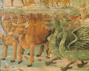 Drachen und Bilder des Landlebens, Detail aus Triumph der Ceres, Szene aus dem Monat August, zugeschrieben Cosimo Tura und Meister von Ercole, Fresko, Nordwand, Halle der Monate, Palazzo Schifanoia, Ferrara, Italien, um 1470