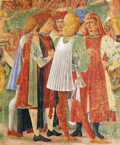 Gruppe von Kaufleuten, Detail aus Triumph der Ceres, Szene aus dem Monat August, zugeschrieben Cosimo Tura (circa 1430-1495) und Meister von Ercole, Fresko, Nordwand, Halle der Monate, Palazzo Schifanoia (Palast der Freude), Ferrara, Italien, circa 1470
