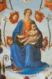 Madonna mit Kind in Herrlichkeit, Heiliger Ambrosius, Heiliger Franz von Assisi, Gottvater und Engel, Altarbild, Detail (Fresko) von Cosimo Rosselli