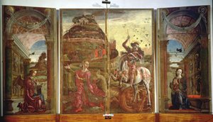 Polyptychon, das St. Georg und den Drachen und die Verkündigung darstellt, 1469 von Cosimo Tura