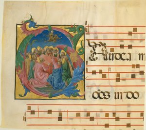 Manuskript-Illumination mit der Himmelfahrt der Jungfrau Maria in einem Initial G, 1450-60 von Cosmè Tura