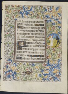 Blatt aus einem Stundenbuch: Engel jagt einen Teufel recto, um 1460