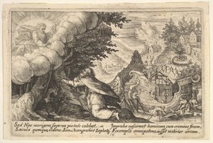 Noah kniet vor Gott, links, der Bau der Arche im Hintergrund, aus einer Serie, 1612 von Crispijn de Passe I