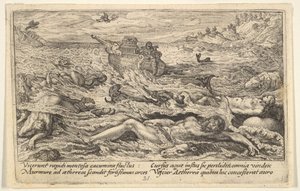 Die Sintflut zerstört das Leben auf der Erde: Leichen von Menschen und Tieren treiben im Vordergrund..., 1612 von Crispijn de Passe I