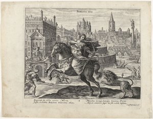 Hängende Gärten von Babylon mit einer Löwenjagd im Vordergrund von Crispijn van de Passe (I)