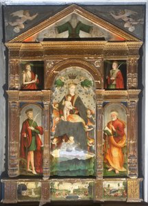 Gekrönte Madonna mit Kind und Engeln, Heiliger Paulus, Heiliger Petrus