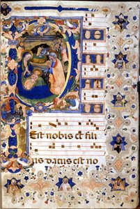 Chor des 15. Jahrhunderts mit einer miniaturisierten „P“-Initiale, die die Geburt Christi darstellt, von Cristoforo Cortese. Frühes 15. Jahrhundert von Cristoforo Cortese