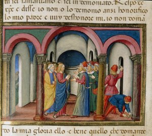 Jesus wurde in der Nähe des Tempels von Salomo von Juden unterbrochen, die ihn baten, seine Identität zu beweisen Miniatur von Cristoforo De Predis (1440-1486) nach der Geschichte des Neuen Testaments von Cristoforo De Predis