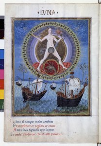 Mond mit dem Sternzeichen Krebs. Unten Boote während der steigenden Flut. Miniatur von Cristoforo de Predis (ca. 1440-1486) - in „De Sphaera“ d