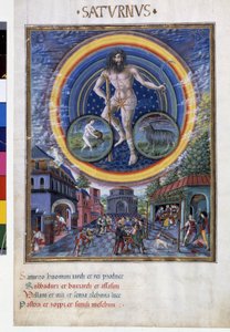 Saturn mit den Tierkreiszeichen Wassermann und Steinbock. Unten, die Spielszenen und ihr Einfluss auf die Menschen. Miniatur von Cristoforo de Predis (ca. 1440-ca. 1486) - in „De Sphaera“ d