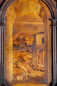 Landschaft, Intarsie (Detail des hölzernen Chors)