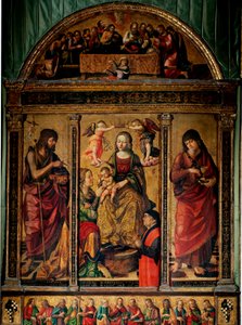Triptychon der mystischen Hochzeit der Heiligen Katharina, umgeben von den Heiligen Johannes dem Täufer und Johannes dem Evangelisten von Cristoforo Scacco