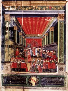 Einsetzung von Ludovico Maria Sforza genannt der Mohr (1452-1508) - Illumination aus dem Missale von Kardinal Arcimboldi, erstellt vom berühmten Miniaturisten Cristoforo de Predis. Biblioteca Capitolare, Mailand von Cristoforo De Predis