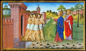 Jesus und die Aussätzigen. Miniatur von Cristoforo de Predis - in Historia del nuovo testamento